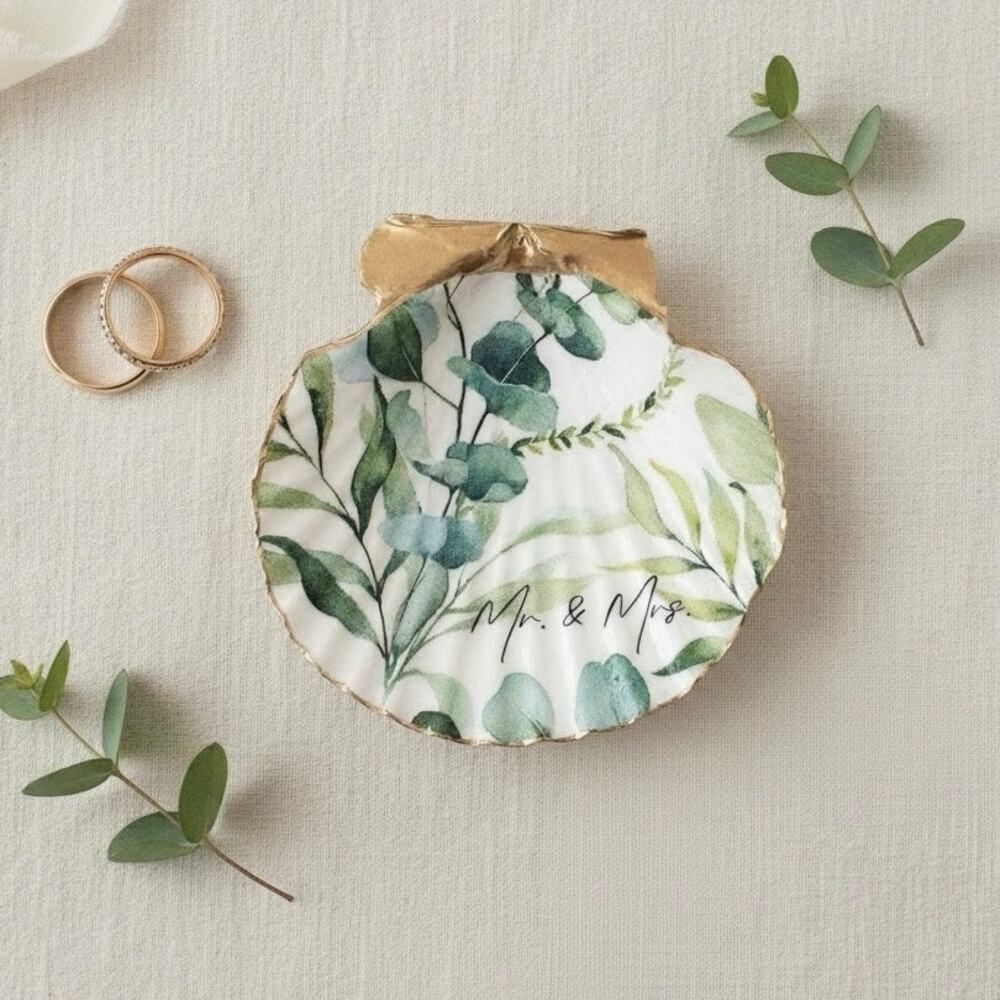 Mr & Mrs Eucalyptus Shell Ring Dish, Engagement Gift, Bridal Trinket Dish